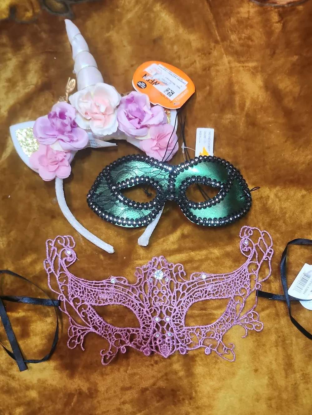 (3pc) Girlie Costume Bundle nicorn Headband With Green & Pink Masquerade Masks